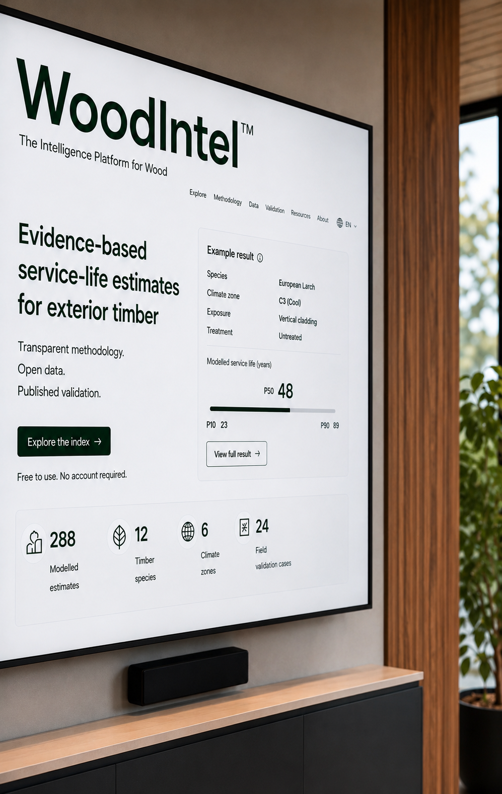 The WoodIntel platform shown on a large screen with a service-life estimate